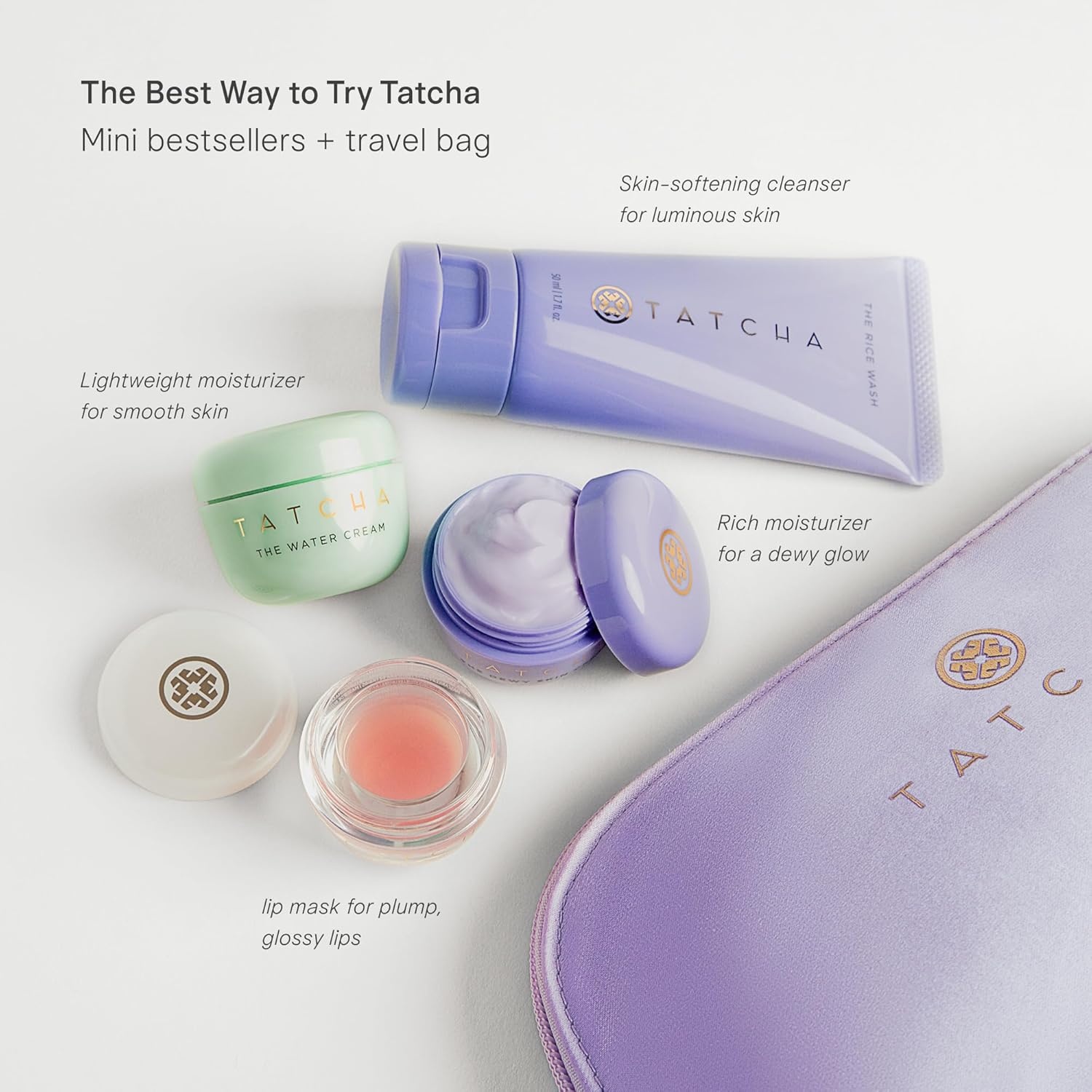 image:imageTatchas Travel Essentials Set TrialSize Bestselling Japanese Skincare Travel Bag with a Mini Rice Wash Dewy Skin Cream Water Cream and Kissu Lip Mask TSA Friendly Kit amp Gift Set